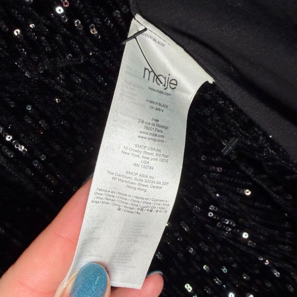 Maje NWOT Rivy Sequin Mini Dress Silver Black Velvet Wrap Long Sleeve Size 4 - Picture 12 of 12